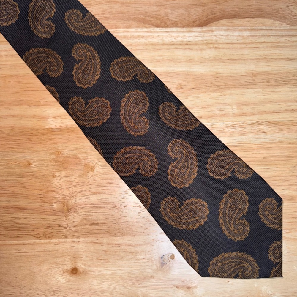 Coach Mens Silk Tie Navy Blue Bronze Gold Large Paisley Made in USA Wide 3.75"